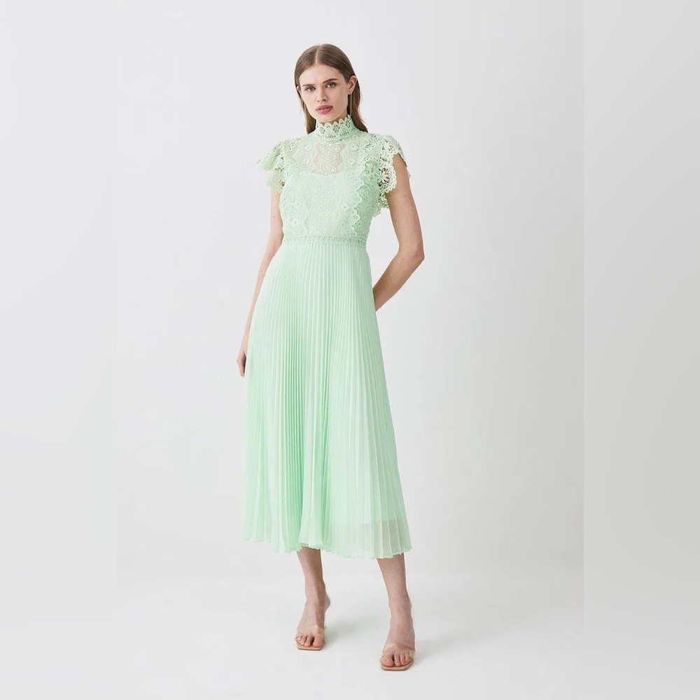 Karen Millen Mint Lace High-Neck Pleated Midi Dress